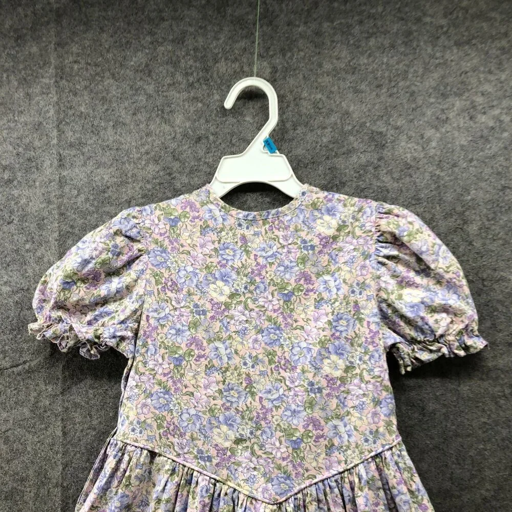 Vintage Girls 6X Floral Dress Puff Sleeve Purple A-Line‎ Prairie Cottagecore 80s